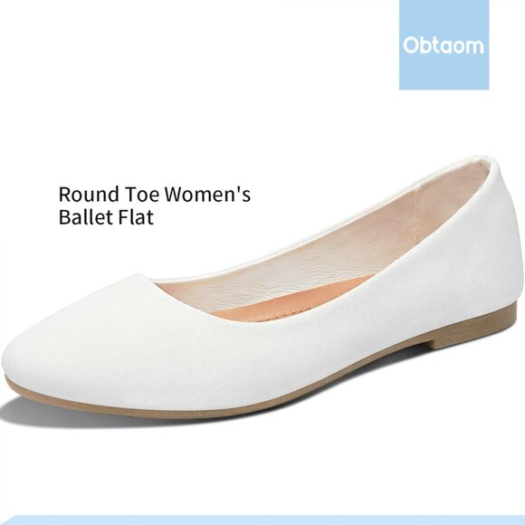 Obtaom Women White Textile Closed Round Toe Slip on Ballet Flats Shoes - Picture 3 of 6